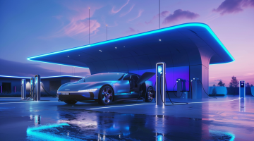 Eine futuristische Wasserstofftankstelle von Nel ASA mit glänzenden Oberflächen und LED-Beleuchtung, die ein modernes Elektrofahrzeug betankt