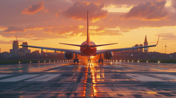 Norwegian Air Shuttle-Flugzeug landet bei Sonnenuntergang auf einer Landebahn mit der Skyline der Stadt im Hintergrund