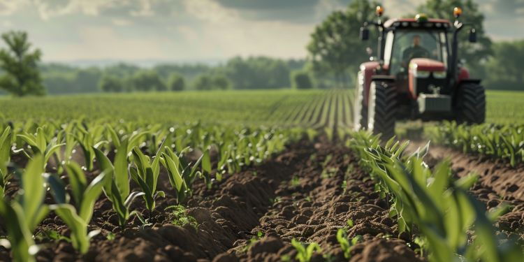 Darstellung von BASF's nachhaltigen Landwirtschaftslösungen mit einem Traktor und Feldern im Vordergrund