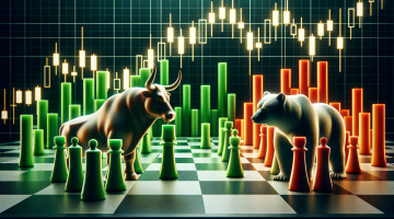 Schachfiguren Stier und Bär vor Candle-Charts